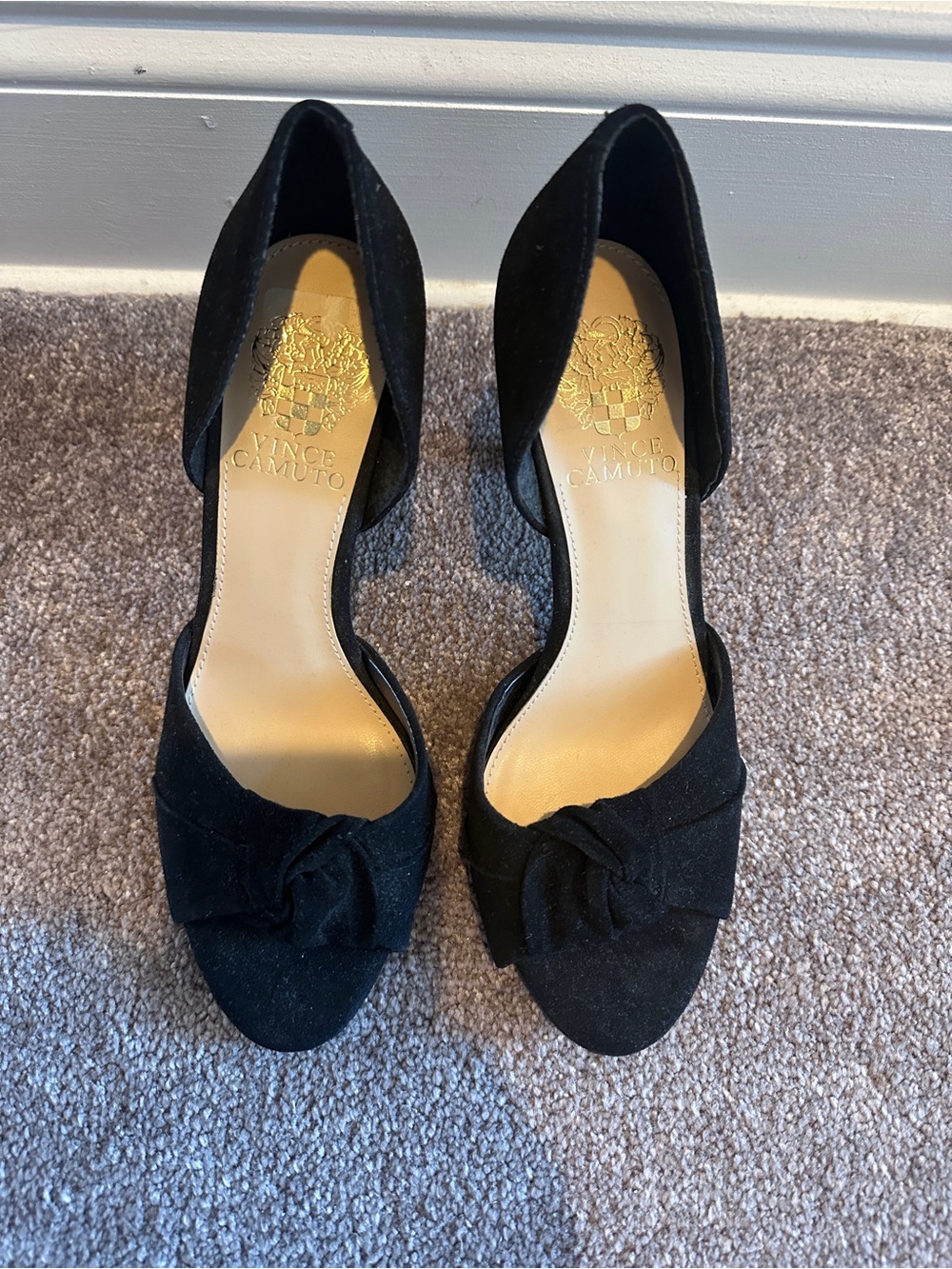 NWOB - Vince Camuto Black Suede D'Orsay Knot Peep-Toe Heels
